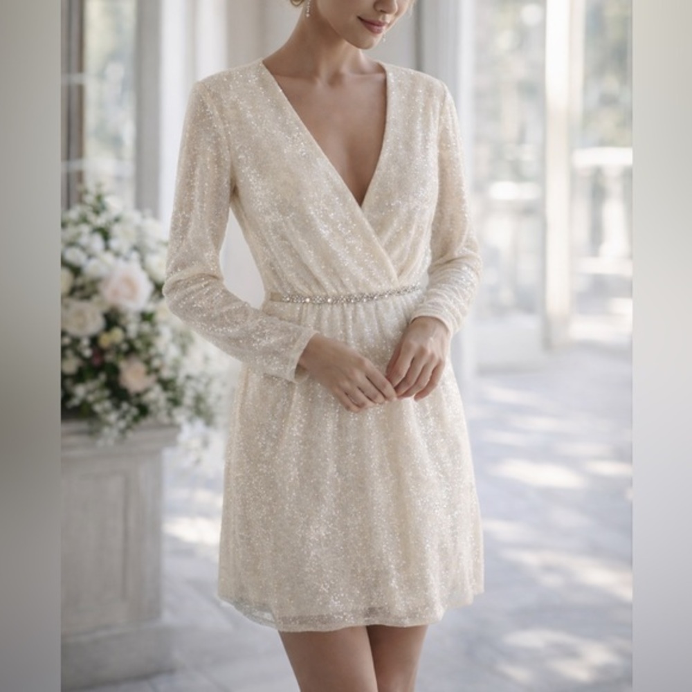 Vera Wang White Size 0 Ivory Champagne Sequin Mesh Mini Dress Deep V Long Sleeve